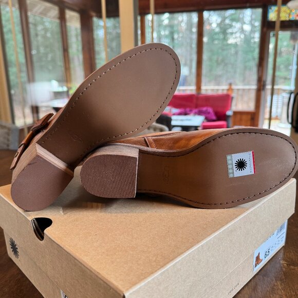 NEW UGG Elora Leather Ankle Boots (Size 6.5) Boho Biker Heeled Chestnut - Picture 6 of 7